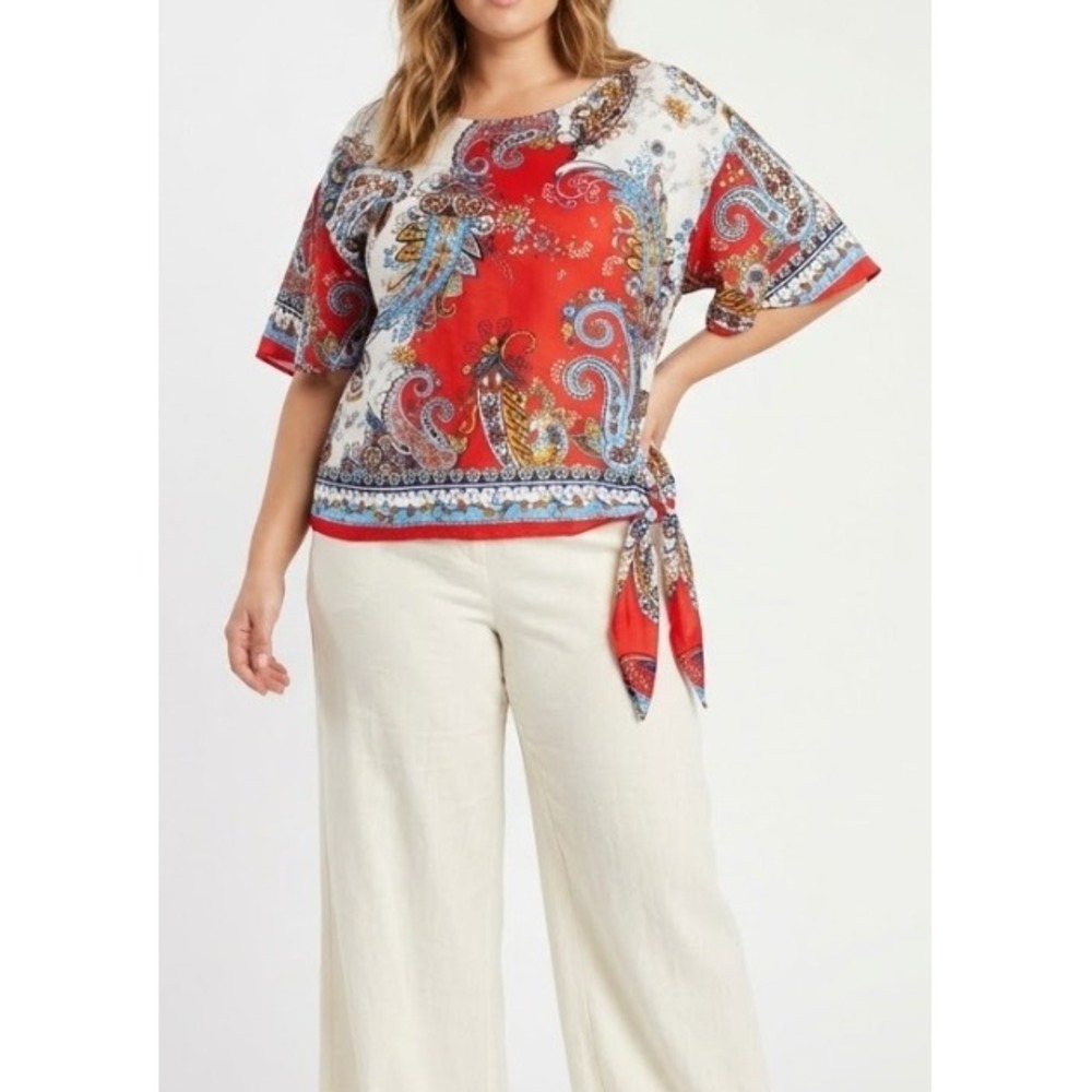 Melissa Paige Blouse Size Large Red Multi Floral Paisley Side Tie Boho Comfy